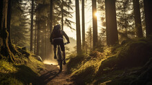 Mountain Biker On Forest Trail In The Sunset. Generative AI