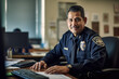 Police officer or cop, man in blue uniform working at office near computer. Generative AI