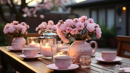 Wall Mural - Tea party, fun Atmosphere, pink atmosphere, pink Tablecloth