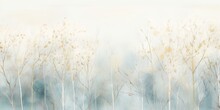 Misty Mood In The Winter Forest. Gold, Grey, Brown Beige, Pale Blue And Green Ink Trees Illustration. Romantic And Mourning Landscape For Seasonal Or Condolence Greetings.