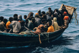 Fototapeta Koty - Refugees in a boat (AI Generated) 