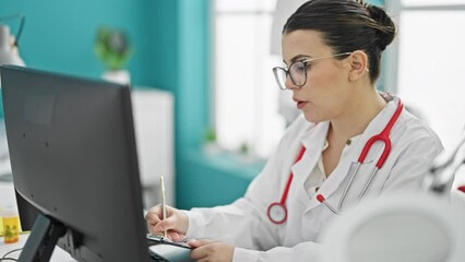 Sticker - Young beautiful hispanic woman doctor using computer writing on clipboard at the clinic