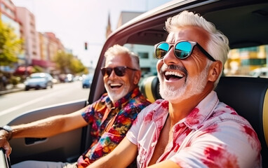 Older gay couple having fun together on vacation by traveling in a convertible