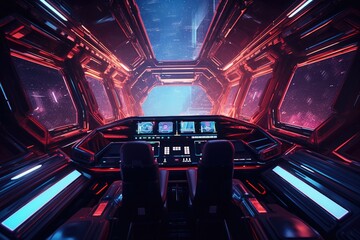 Poster - Spaceship interior with view on the city. 3d rendering, Abstract Expressionism Meets Hyperrealistic Minimalism in Synthwave Spaceship, AI Generated