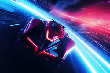 Poster - Cyborg man in futuristic helmet with glowing neon lines. 3D rendering, Abstract Expressionism Meets Hyperrealistic Minimalism in Synthwave Spaceship, AI Generated