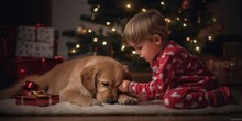 Little Boy And His Dog In Evening Time Near Christmas Tree