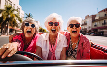Company Of Elderly Girlfriends Of Pensioners On A Trip Ride A Convertible Car And Have Fun