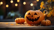 Laughing Halloween Hokkaido Pumpkin In An Autumnal Look. - Generative AI