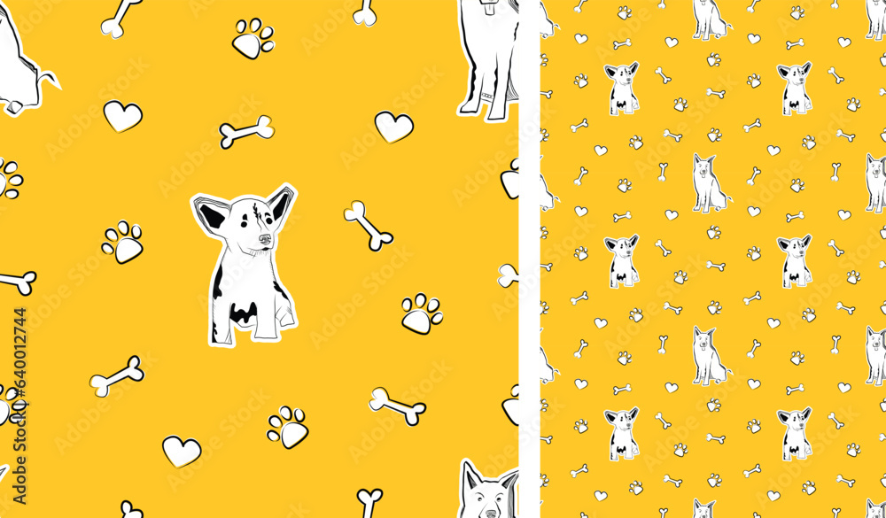 Three-color seamless pattern with dogs, bones, hearts, and paws on a ...
