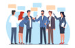 Business people, men and women talking to each other. Empty speech bubbles. Brainstorming process, discussing and communication, group of employees cartoon flat isolated vector concept
