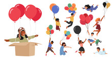 Joyful Kid Characters Soaring On Colorful Balloons, Giggling In The Sky. Their Faces Light Up As They Float Above