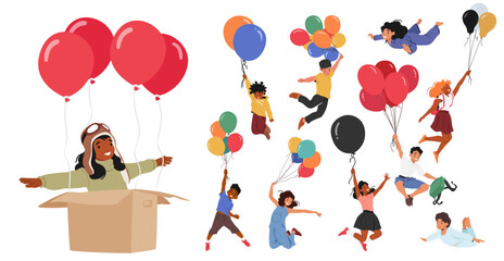 Joyful Kid Characters Soaring On Colorful Balloons, Giggling In The Sky. Their Faces Light Up As They Float Above