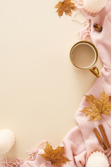 Sticker - Immerse yourself in the captivating autumn vibe. Top view vertical photo of pink blanket, candles, cup of coffee, cinnamon sticks, acorn, fallen leaves on pastel beige background with marketing space