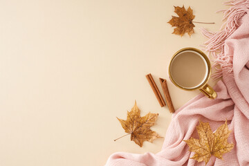 Wall Mural - Wrap yourself in the cozy comfort of your home sanctuary. Top view photo of pink blanket, coffee mug, cinnamon sticks, acorn, fallen leaves on pastel beige background with promo spot