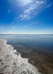 Wall Mural - Seascape with wet sand on the beach and beautiful sea water against a blue sky on a clear sunny day