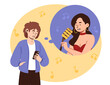 © 100% HAND-CRAFTED - Boy listen song concept. Little guy with smartphone and headphones. Character with favorite songs and playlist, music. Enetrtainment, fun and leisure. Cartoon flat vector illustration