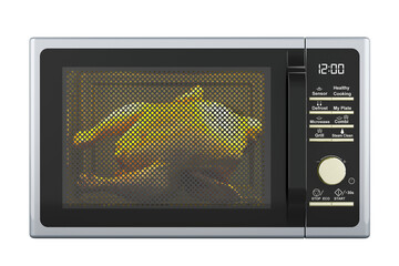 Poster - Microwave oven with chicken inside. 3D rendering isolated on transparent background