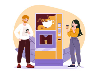 Poster - People buy coffee concept. Man and woman near apparatus with hot drinks. Aroma and beverage, tea. Americano, espresso and cappuccino. Commerce in office. Cartoon flat vector illustration