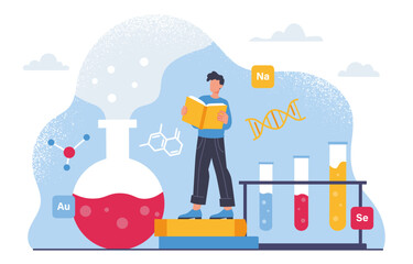 Man studying chemistry concept. Young guy with book near flasks with colorful reagents. Student in laboratory doing test. Education, learning and training. Cartoon flat vector illustration