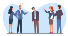 Group Of Violent People Bullying And Accusing Man Of Being Coworker. Employees Point Fingers And Laugh, Emotional Stress On Work, Aggressor And Victim Cartoon Flat Style Vector Concept