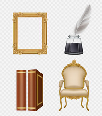 Poster - retro gadgets. vintage collection of old style items books chairs sofa decent vector pictures set