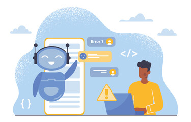 Poster - Man with chat gpt concept. Young guy chat with ai. Artificial intelligence and machine learning. Knowledge and information. Robot answers users questions. Cartoon flat vector illustration