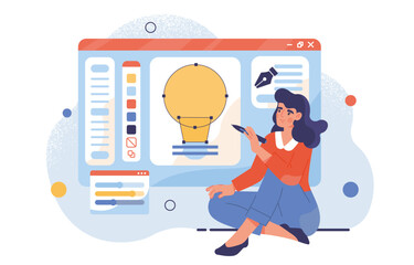 Poster - woman graphic designer with idea. young guy with pencil draw light bulb. inspiration and aspiration.
