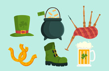 Saint Patricks Day Set. Green Hat And Boot Near Cauldron. Traditional Irish Holiday Elements. Clever And Golden Horseshoes. Cartoon Flat Vector Collection Isolated On Green Background