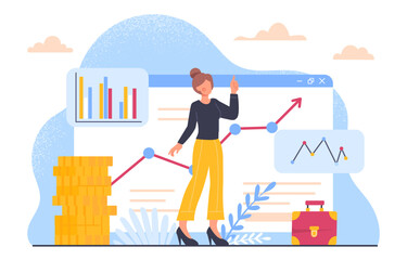 Poster - woman with financial strategy concept. businessman, investor and trader on background of graphs and 