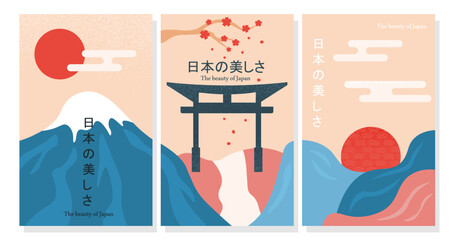 Wall Mural - Set of posters in Japanese style. Abstract creativity and art. Mountains near red sun. Beautiful natural panorama and landscape. Cartoon flat vector collection isolated on white background