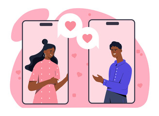 Poster - couple with video call concept. man and woman communicate in social networks and instant messengers.