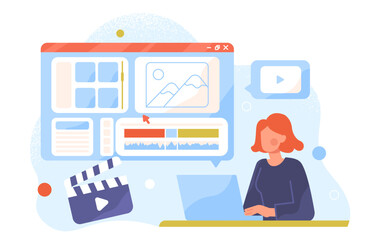 Leinwandbilder - Video creator concept. Woman at laptop creates animations from images. Remote employee and freelancer in workplace. Character creates interesting content. Cartoon flat vector illustration