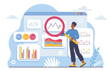 Poster - website audit concept. man with magnifying glass evaluates graphs, diagrams and charts. infographics