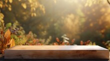 Empty Wooden Tabletop Podium In Open Garden Forest, Blurred Background Of Autumn Plants With Space. Organic Product Present Natural Placement Pedestal Display, Autumn Concept. Generative AI