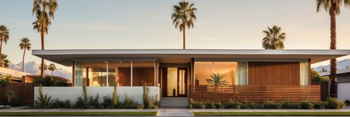 Wall Mural - midcentury home architecture style exterior photorealistic image made by generative AI