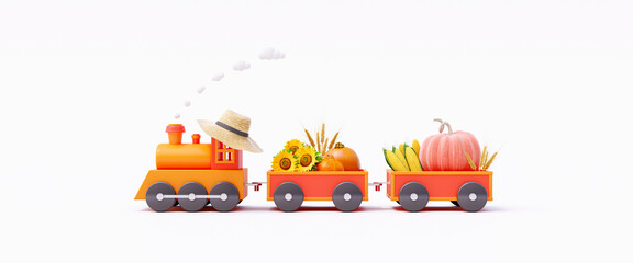 Wall Mural - Cute orange toy train carrying autumn vegetables. Thanksgiving is coming concept on white background 3D Render