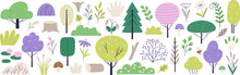 Doodle Forest Cute Nature Elements. Funny Tree And Bush, Leaves And Berries. Autumn Eco Green Graphic, Flat Minimal Style Racy Vector Clipart
