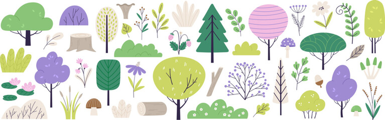 doodle forest cute nature elements. funny tree and bush, leaves and berries. autumn eco green graphi