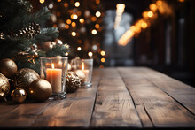 Christmas Wooden Table Mockup With Christmas-tree, Balls, Candles And Lights Background. Festive Template Banner With Creative Bauble Decoration And Copy Space.