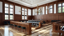 Empty American Style Courtroom. Supreme Court Of Law And Justice Trial Stand. Courthouse Before Civil Case Hearing Starts. Grand Wooden Interior With Judges Bench, Defendants And Plaintiffs Tables.