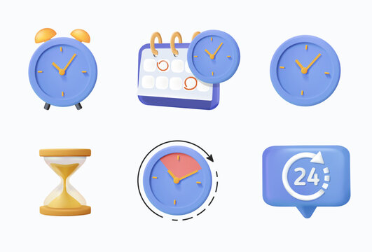 3D time and clock icon set, timer, speed, alarm, restore, management, calendar, watch 3D UI symbols for web and mobile phone on white background editable vector illustration eps10