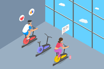 3D Isometric Flat Vector Conceptual Illustration of Cycling, Spinning Exercise