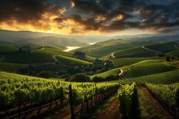 Wall Mural - a serene vineyard with rows of grapevines and rolling hills, stunning scenic world landscape wallpap