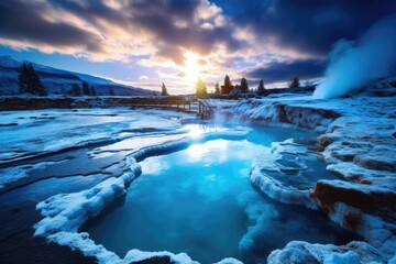 Wall Mural - a serene and secluded hot spring in a geothermal area during winter at sunrise or sunset, stunning s