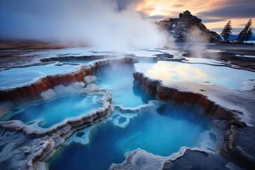 Wall Mural - a serene and secluded hot spring in a geothermal area during winter, stunning scenic world landscape