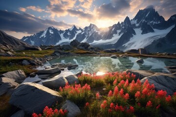 Wall Mural - a serene alpine mountain lake reflecting the surrounding high mountain peaks that are snow covered, 