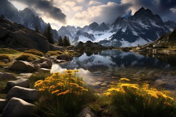 Wall Mural - a serene alpine mountain lake reflecting the surrounding high mountain peaks that are snow covered, 