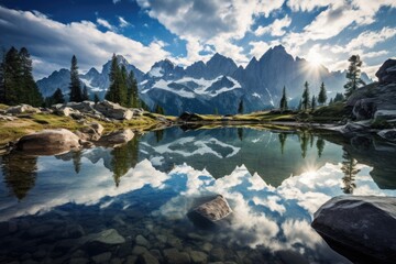 Wall Mural - a serene alpine mountain lake reflecting the surrounding high mountain peaks that are snow covered, 
