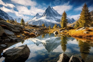 Wall Mural - a serene alpine mountain lake reflecting the surrounding high mountain peaks that are snow covered, 