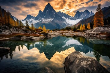 Wall Mural - a serene alpine mountain lake reflecting the surrounding high mountain peaks that are snow covered, 